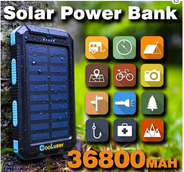 پاور بانک خورشیدی 36800 میلی آمپری کولوزر (Solar Power Bank 36800mah, Solar Charger Power Bank with 18W PD 5V 3.1A outputs, IP67 Waterproof, Grade A+ Battery with LED Flashlight and Compass, Perfect Camping Gear Accessory for Outdoor (Blue)) - Image 7