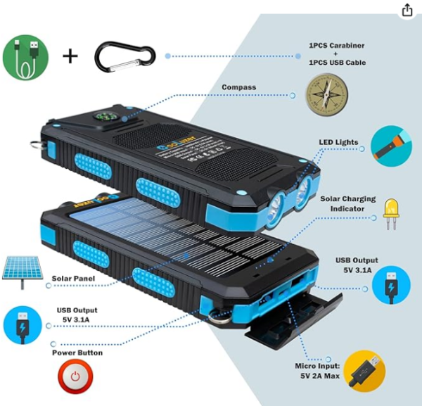 پاور بانک خورشیدی 36800 میلی آمپری کولوزر (Solar Power Bank 36800mah, Solar Charger Power Bank with 18W PD 5V 3.1A outputs, IP67 Waterproof, Grade A+ Battery with LED Flashlight and Compass, Perfect Camping Gear Accessory for Outdoor (Blue)) - Image 6