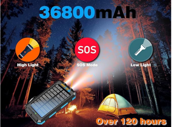 پاور بانک خورشیدی 36800 میلی آمپری کولوزر (Solar Power Bank 36800mah, Solar Charger Power Bank with 18W PD 5V 3.1A outputs, IP67 Waterproof, Grade A+ Battery with LED Flashlight and Compass, Perfect Camping Gear Accessory for Outdoor (Blue)) - Image 4